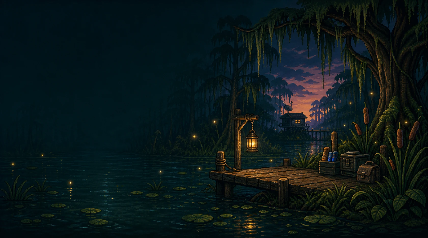 Swamp checkpoint dock with lantern and research outpost.