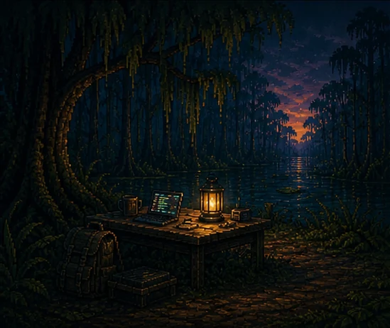 Pixel-art base camp desk with a lantern and research notebook.