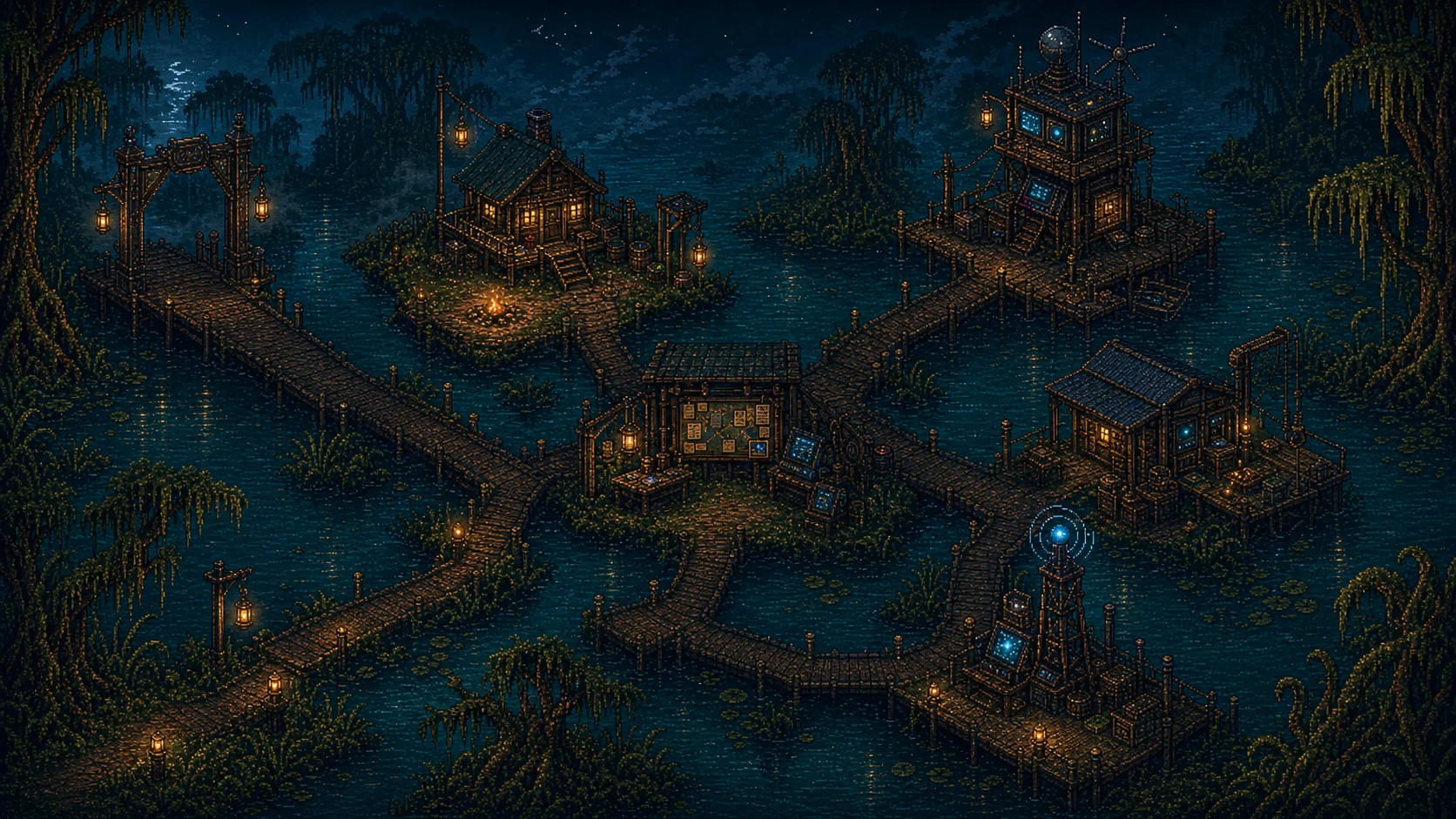 Pixel-art swamp map connecting portfolio landmarks.