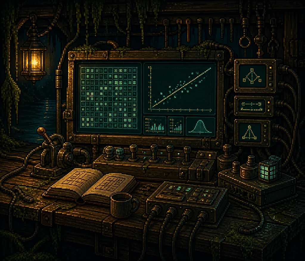 Decorative pixel-art numerical-computing workbench with a matrix, regression plot, and modular instruments.