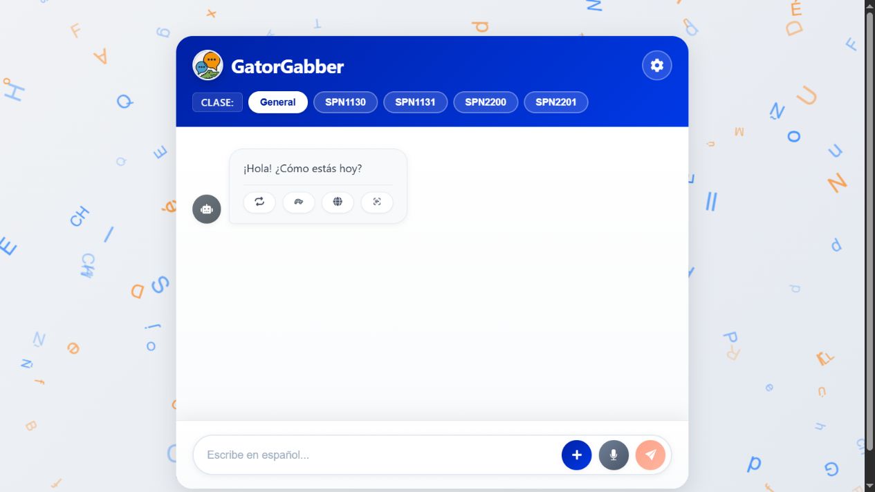 Gator Gabber live application showing Spanish course controls and the conversation interface.