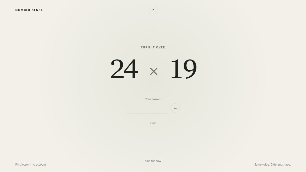 NumberSense live application showing the first 24 times 19 mental-math lesson.