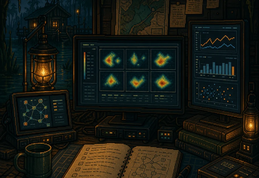 Research desk with heatmap monitors and evaluation charts.