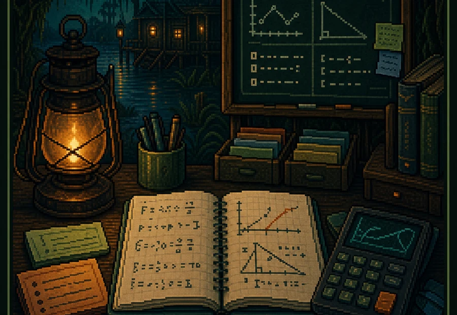 Tutoring desk with notebook, graph board, calculator, and study cards.