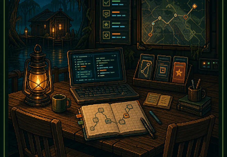 Mentoring table with coding notebook, route cards, and guidance markers.